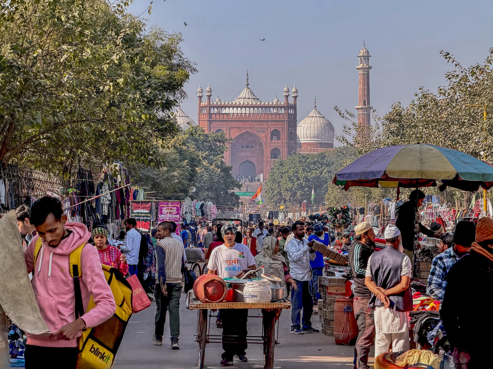 写真はインドのニューデリーで撮影された、活気あふれる市場の様子を捉えています。中央には赤砂岩でできた壮麗なモスク、おそらくジャマ・マスジドがそびえ立ち、その左右にはドームとミナレットが見えます。モスクへと続く道は、まるで迷路のように人々で埋め尽くされ、その両側には衣類や雑貨を売る露店が軒を連ねています。  手前にはピンクのパーカーを着た若い男性が、バッグを肩にかけ、商品を手に取って見ています。その周りにも多くの人々が行き交い、それぞれが買い物や用事を済ませているようです。中央に位置する男性は、ワゴンを引いており、その上には調理器具や食材が並んでいます。軽食を売っているのかもしれません。  写真全体を通して、鮮やかな色彩と多様な文化が混ざり合い、インドの賑やかでエネルギーに満ちた日常を伝えています。露店のカラフルな商品や、人々の多様な服装が、その雰囲気をさらに高めています。空には数羽の鳥が舞い、喧騒の中に自然の要素を加えています。
