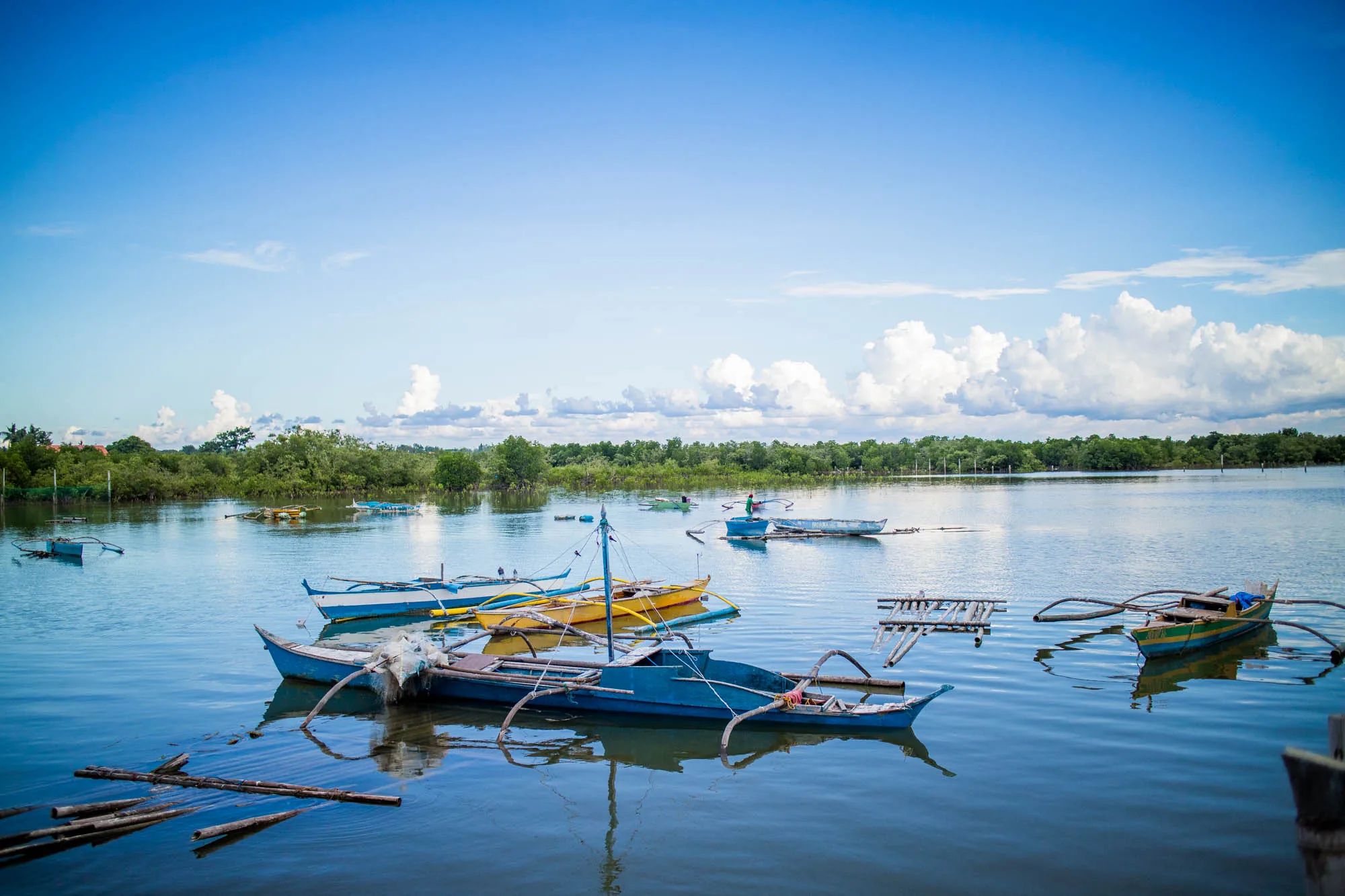 写真はフィリピンのセブで撮影された、穏やかな水辺の風景を捉えています。空は明るい青色で、白い雲が点在しています。水面は穏やかで、空の色を反射し、わずかに波立っています。前景には、伝統的なアウトリガーカヌーであるバンカがいくつか浮かんでいます。バンカは青、黄、白など様々な色で塗られており、素朴な雰囲気を醸し出しています。いくつかのバンカは岸辺近くに係留されているように見え、竹で作られたと思われる桟橋や浮きも確認できます。背景には緑豊かな木々が生い茂り、水辺を縁取っています。全体として、写真には平和で静かな、熱帯の島の風景が描かれています。