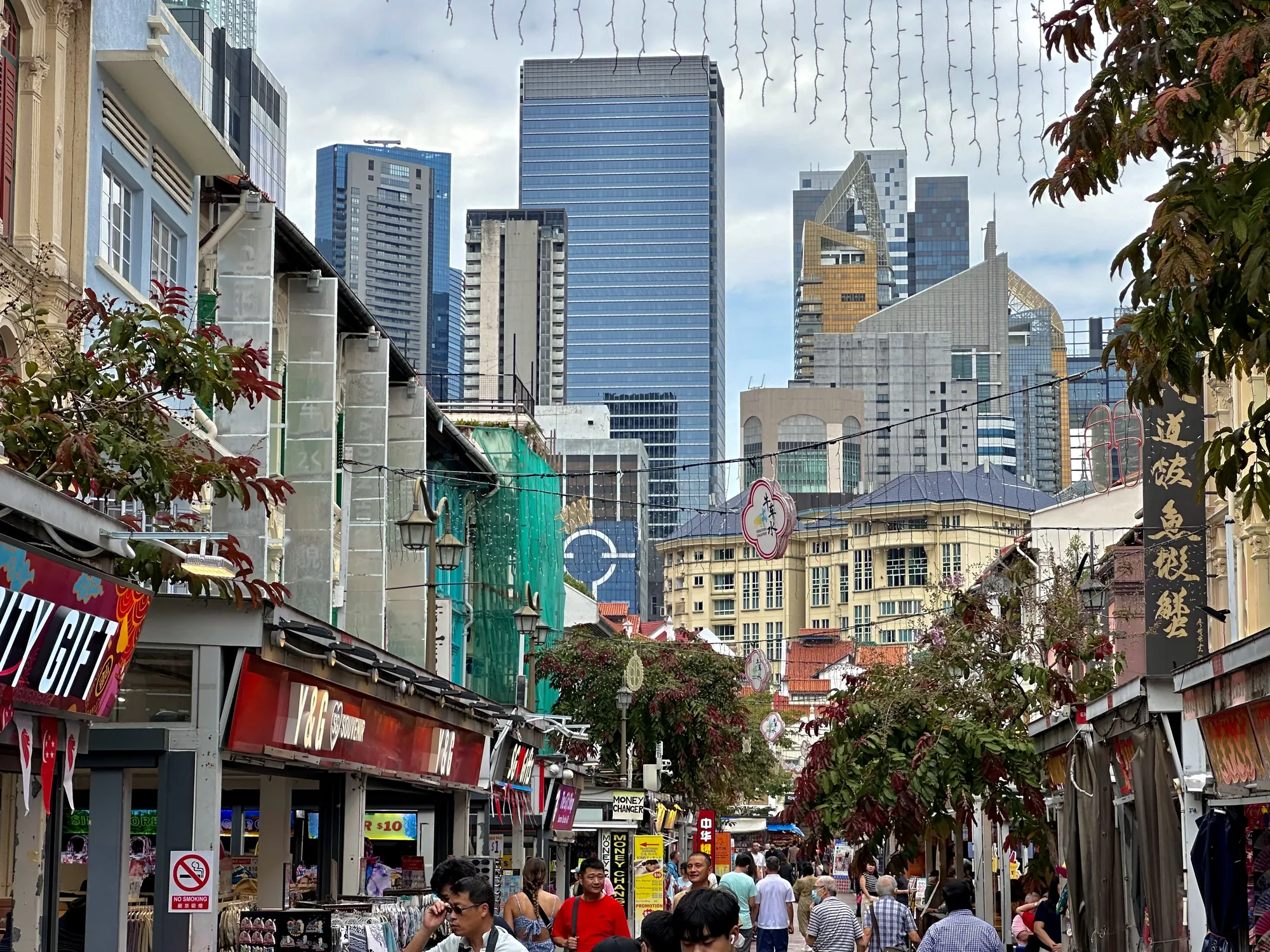 この写真は、シンガポールの賑やかな通りを撮影したものです。通りの両側には、土産物店や両替所など、様々なお店が軒を連ねています。看板には英語と中国語が混在しており、多文化な雰囲気を感じさせます。多くの人が行き交い、活気にあふれています。 通りの奥には高層ビル群がそびえ立ち、近代的な都市の景観が広がっています。古い建物と新しい建物が混在している様子から、シンガポールの歴史と発展を感じることができます。空は曇っており、少し落ち着いた雰囲気ですが、それがかえって通りの賑やかさを際立たせているようです。通りの上部には電飾が飾られており、お祭りか何かのイベントの準備をしているのかもしれません。全体的に、シンガポールの多様性とエネルギーが伝わってくる写真です。