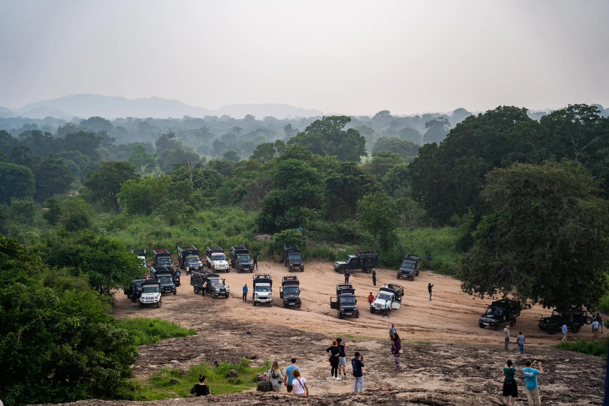 スリランカの自然風景を背景に、ジープツアーに参加していると思われる人々の様子が写っています。 霧がかった山々が遠くに見え、手前には緑豊かな森林が広がっています。 ジープは複数台が砂地の広場に駐車されており、参加者たちは岩場の上で景色を眺めたり、写真を撮ったりしています。 観光客向けのジープサファリの一場面であると考えられます。