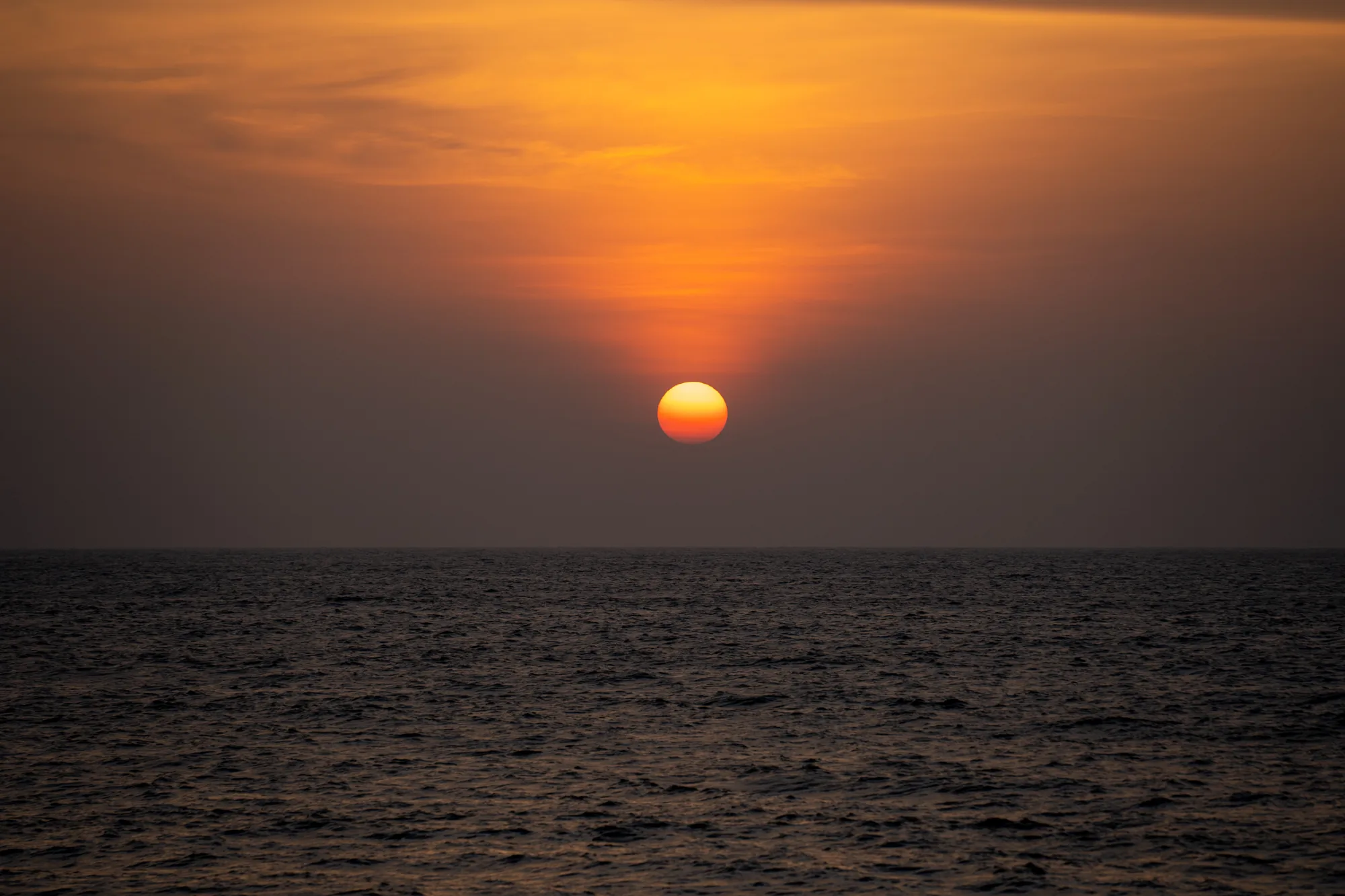 スリランカで撮影されたと思われるこの写真は、海に沈む夕日の光景を捉えています。画面全体は暖色系のオレンジと茶色に染まっており、海面は夕日の光を反射してわずかにきらめいています。太陽は完全に丸い形をしており、徐々に沈みかけている様子がわかります。太陽の周りの空は明るいオレンジ色で、上空に向かうにつれて徐々に暗い色合いに変化しています。雲はほとんど見えませんが、太陽の近くには水平線に沿って薄い層状の雲が存在することが確認できます。海は穏やかで、緩やかな波が打ち寄せています。全体的に、この写真は夕暮れの静寂と美しさを感じさせる、印象的な一枚です。