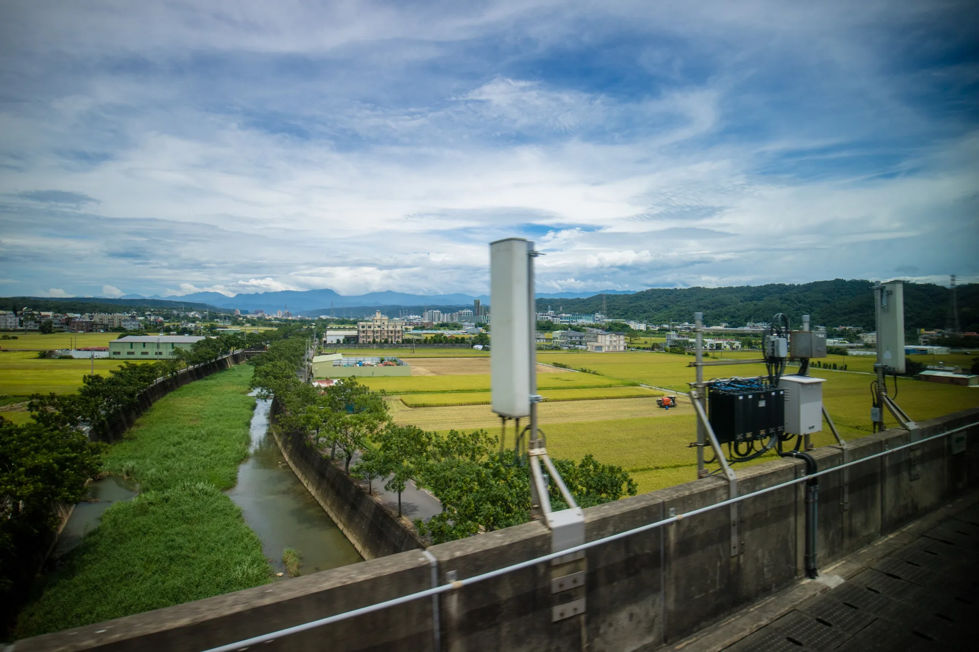 台湾の台北郊外で撮影された風景写真です。高架橋の上から田園地帯を見下ろす構図で、手前にはコンクリート製の壁と電波塔のような設備が写っています。その先には、黄金色に輝く広大な水田が広がっており、稲穂が実りの時期を迎えていることが伺えます。田んぼの中には、赤いトラクターが作業している様子も見えます。水田の脇には、緑豊かな川が流れ、両岸には木々が植えられています。遠景には、建物が点在する市街地や、青々とした山々が連なり、空には白い雲が浮かんでいます。全体的に、のどかで穏やかな雰囲気の写真です。