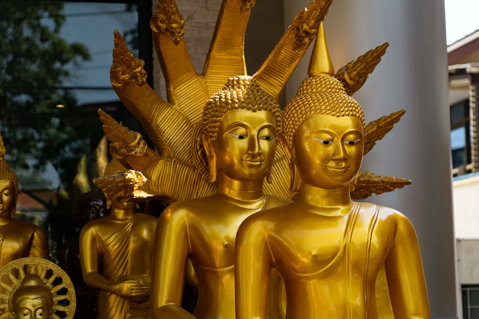 写真には、タイのバンコクにある寺院と思われる場所で撮影された、複数の金色の仏像が写っています。一番手前の二体の仏像は特に大きく、光沢のある金色の表面が太陽光を受けて輝いています。右側の仏像は頭頂部に円錐形の突起があり、左側の仏像は頭の後ろに複数の頭を持つコブラのような装飾が施されています。さらに奥には、より小さな仏像や、法輪のような円形の装飾も見えます。背景には建物の一部や緑の木々が写っており、寺院の落ち着いた雰囲気を醸し出しています。全体的に、金色に輝く仏像が神聖な雰囲気を強調している写真です。
