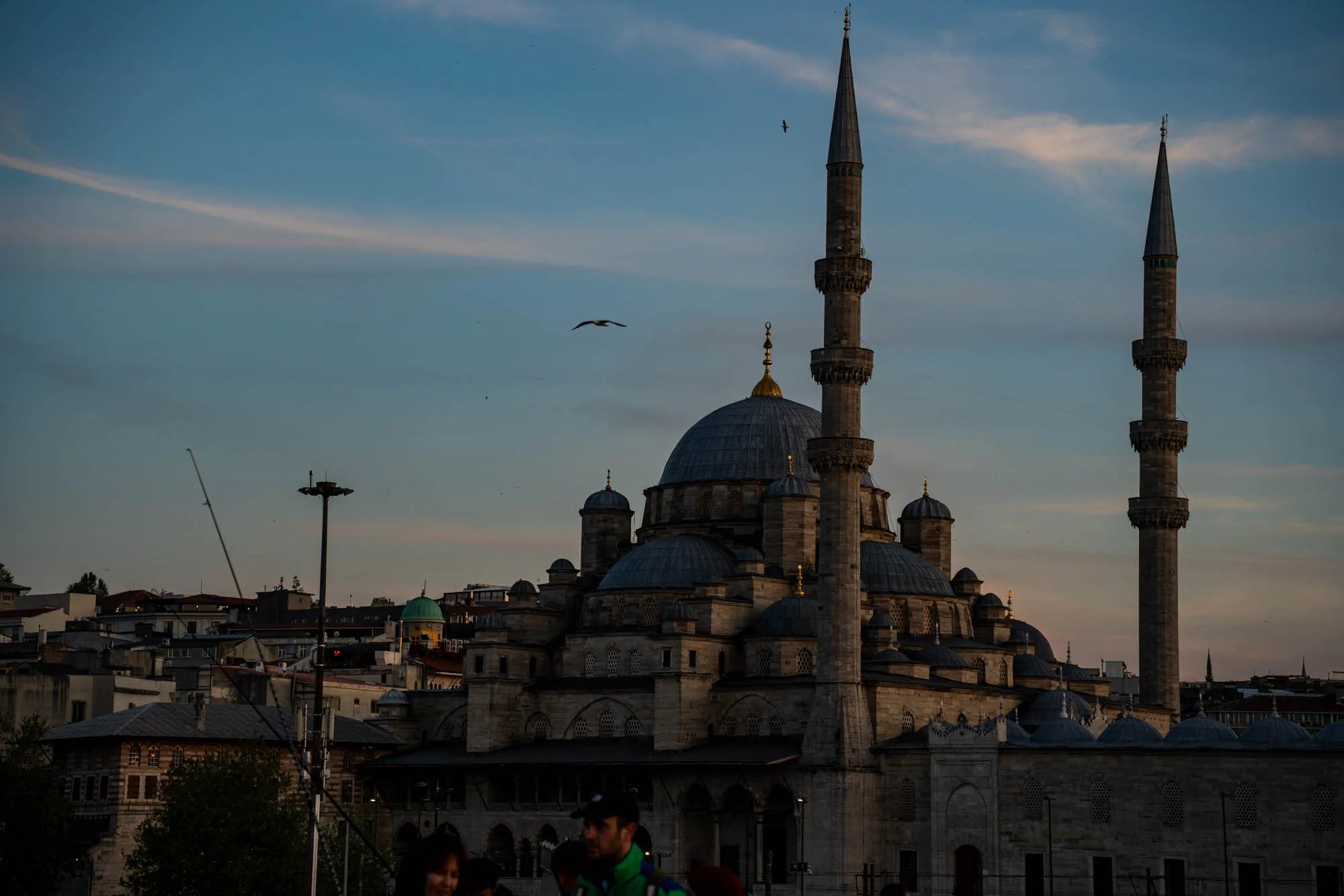 この写真はトルコのイスタンブールで撮影されたものです。夕暮れ時の空を背景に、壮麗なモスクがシルエットで浮かび上がっています。モスクは巨大なドームと、そびえ立つ複数のミナレット（尖塔）が特徴的です。ドームの上にはイスラム教のシンボルである三日月が見えます。空には鳥が数羽飛んでおり、静けさの中に動きを与えています。モスクの手前には人々の姿も確認できますが、影になっており詳細はわかりません。モスク周辺の建物も背景に写り込んでおり、イスタンブールの街並みを垣間見ることができます。全体的に落ち着いた色調で、夕暮れ時の穏やかな雰囲気を伝えています。