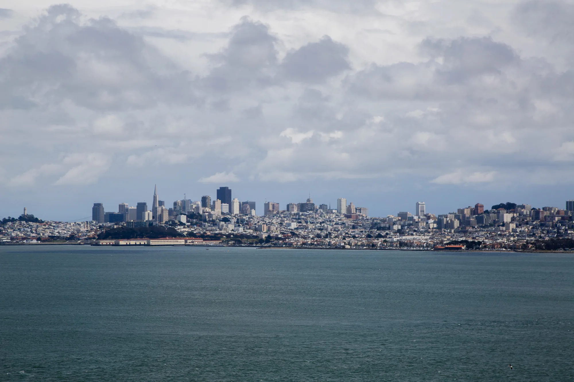 写真は、アメリカ合衆国カリフォルニア州サンフランシスコの湾岸の風景を捉えたものです。手前には穏やかな海が広がり、その向こうにはサンフランシスコの街並みが広がっています。高層ビル群が立ち並び、特徴的な形状のトランスアメリカ・ピラミッドも確認できます。丘陵地帯には住宅が密集しており、建物の色合いがコントラストを生み出しています。空には厚い雲が広がり、全体的にやや曇った日の風景です。都会の喧騒と自然の静けさが調和した、サンフランシスコらしい風景が表現されています。