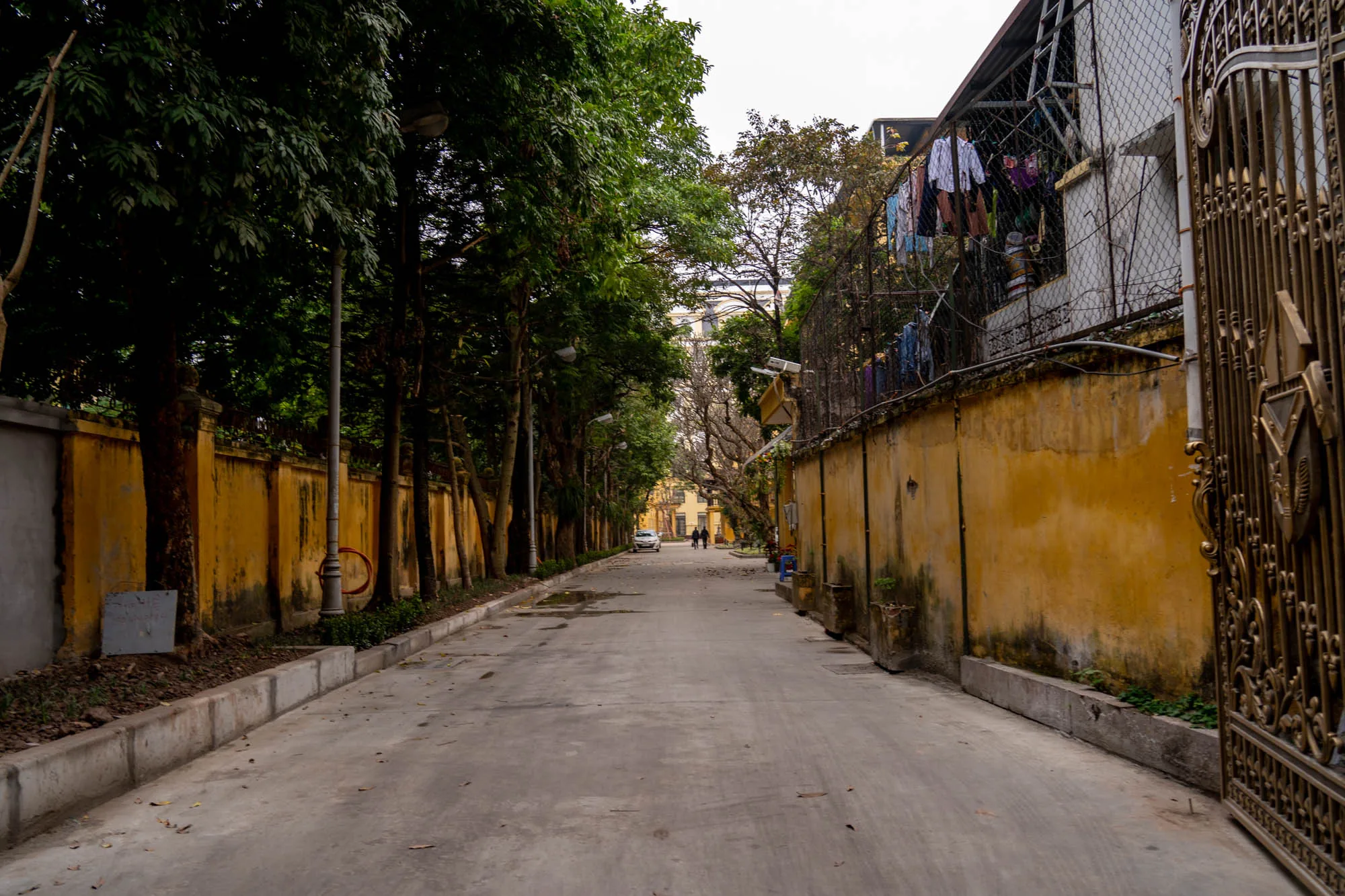 この写真はベトナムのハノイで撮影された路地の風景を捉えています。画面中央に伸びる道は、コンクリート製で、所々に染みが見られます。道の両側には、苔むした黄色の壁が続き、その上には木々が生い茂っています。左側の壁沿いには街灯が立ち並び、木陰が路面に落ちています。右側の壁の上には有刺鉄線が張り巡らされ、洗濯物が干されているのが見えます。道の奥には車が1台停まっており、2人の人物が歩いています。写真全体はやや暗く、しっとりとした空気感があり、ハノイの日常風景が感じられます。手前には装飾的な金属製の門の一部が見え、路地の入口を示唆しています。