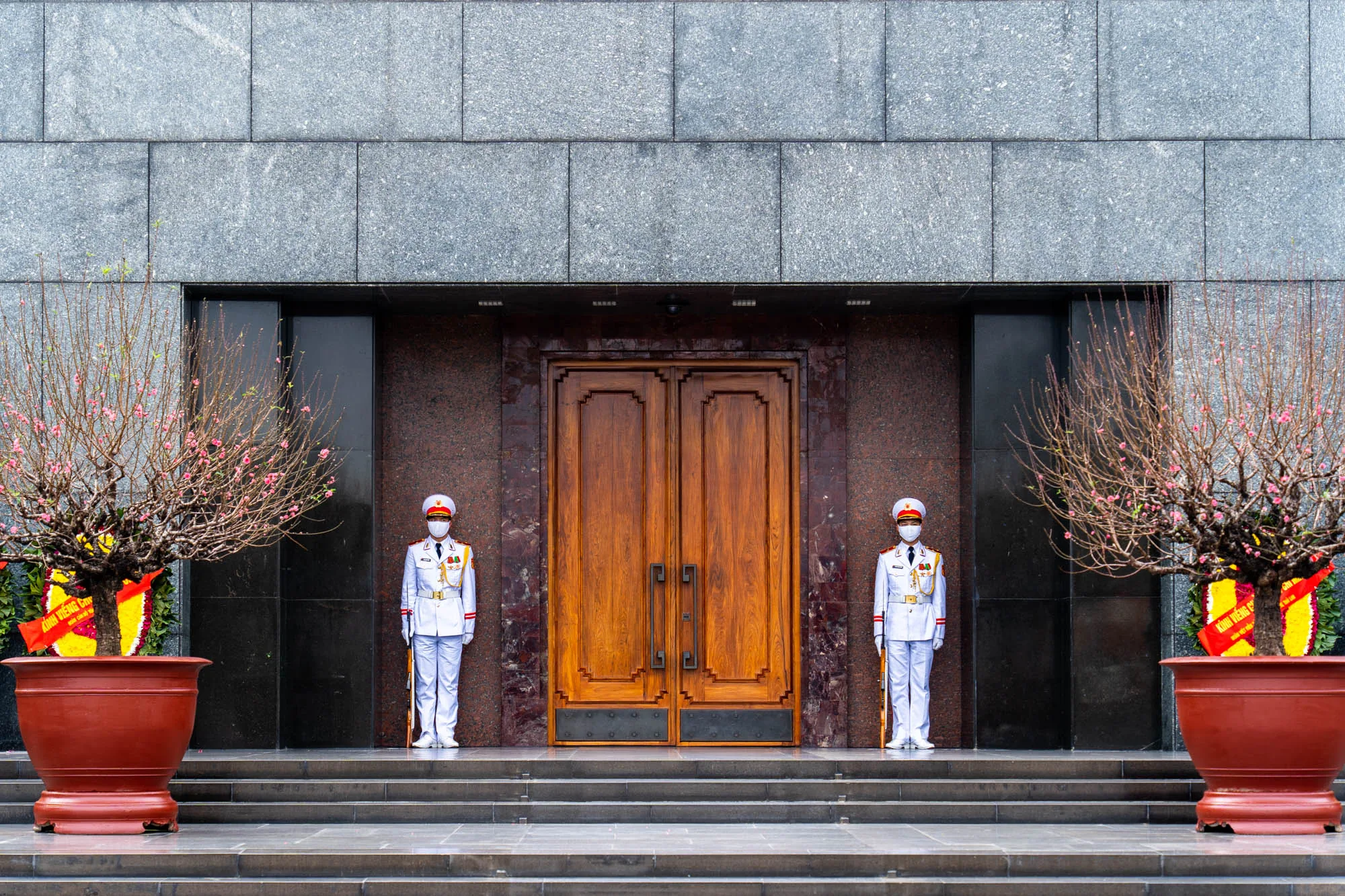 ベトナムのハノイで撮影されたと思われる、建物正面の写真です。中央には重厚な木製の両開き扉があり、左右には白い制服を着用した儀仗兵が直立不動で立っています。儀仗兵は白い帽子とマスクを着用し、金色の装飾が施された白い制服を着ています。扉の左右には大きな鉢植えの桃の木があり、薄いピンク色の花が咲き始めています。鉢には装飾が施されたリボンが見えます。建物の壁は上部がグレーの石材、扉の周りが濃い茶色の石材でできており、厳かな雰囲気を醸し出しています。全体的に左右対称の構図で、非常に格式高い印象を受けます。