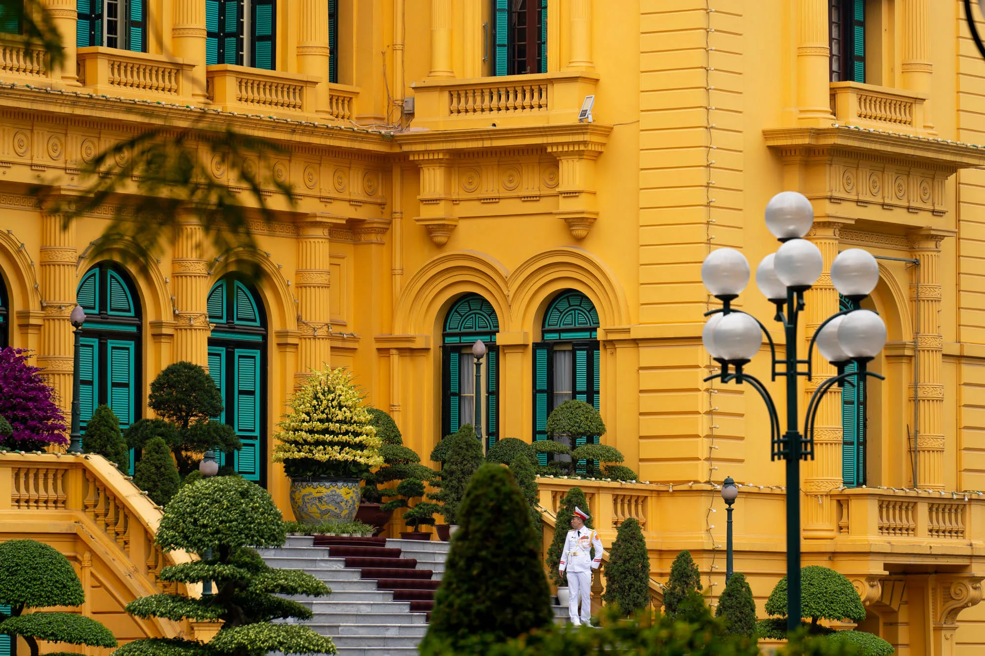 写真はベトナムのハノイで撮影されたものです。画面いっぱいに、鮮やかな黄色の建物が写っています。建物は古典的な建築様式で、アーチ型の窓が並び、窓にはエメラルドグリーンのルーバーシャッターが付いています。建物の壁には、細かい装飾が施されており、重厚感と歴史を感じさせます。建物の前には、丁寧に手入れされた庭園が広がっています。階段があり、植木鉢に植えられた植物や盆栽が配置されています。階段には、赤いカーペットが敷かれています。庭園の中央には、白い制服を着た警備兵のような人物が立っており、建物を警護しているようです。画面右側には、複数の球状のライトが付いた街灯が立っています。画面左手前には、木の枝が一部写り込んでおり、写真に奥行きを与えています。全体的に、晴れた日の穏やかな光が差し込んでおり、建物や庭園の美しさを際立たせています。歴史的な建造物の威厳と、庭園の静けさが感じられる写真です。